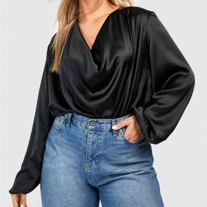 Plus Satin Cowl Long Sleeve Blouse